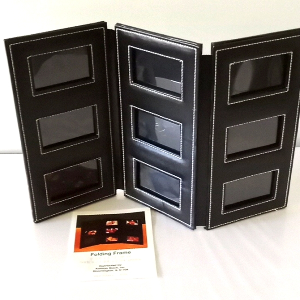 NWOT -  Folding Leather Picture Frame  - Tri-Fold - Black